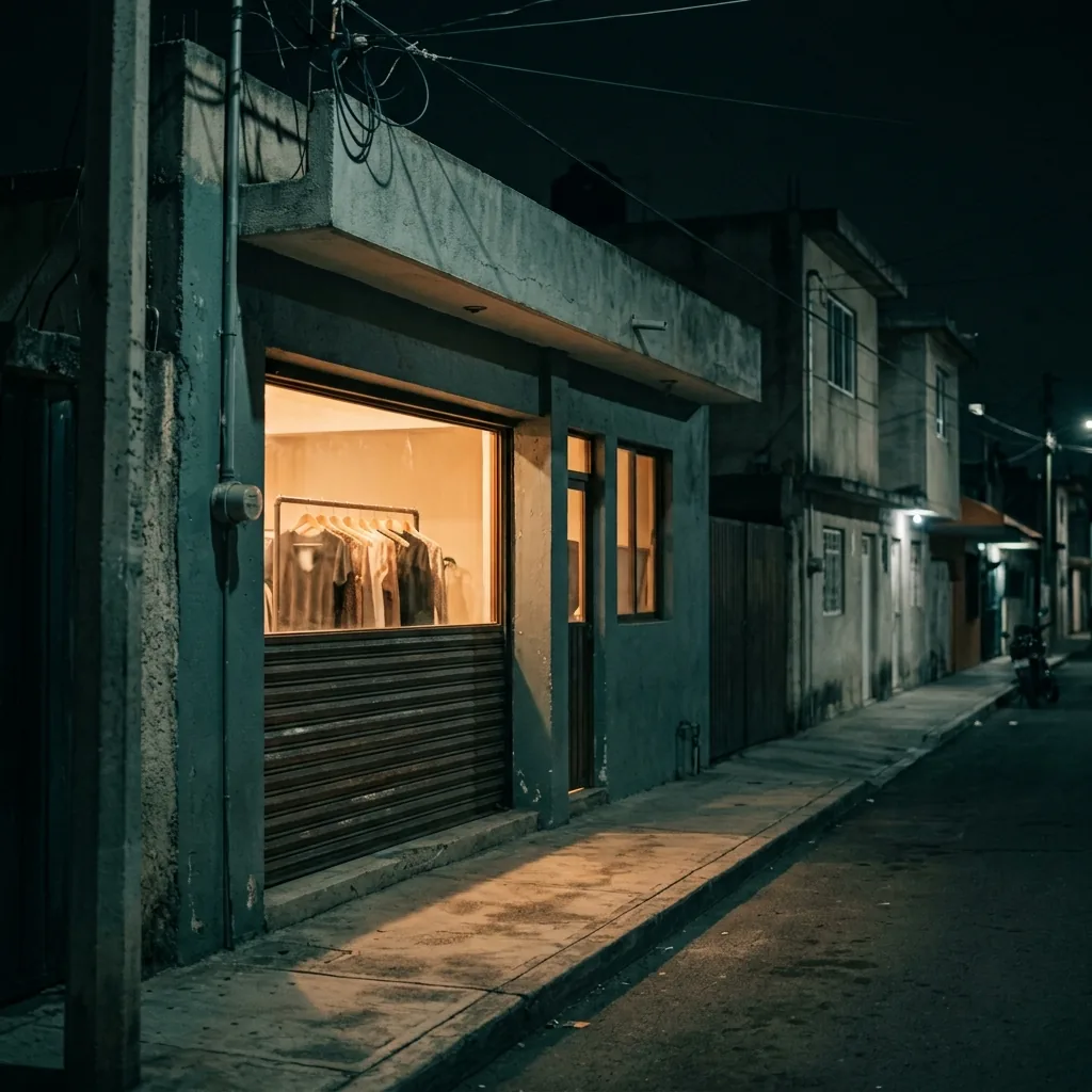 Una boutique de barrio ya cerrada de noche, con la cortina abajo y la vitrina todavía encendida