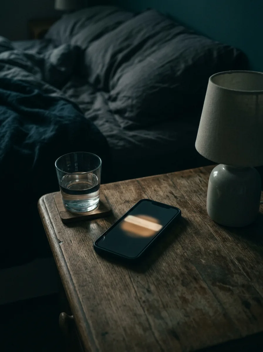 Un teléfono en el buró de madrugada, con un aviso encendido en la pantalla y la cama a oscuras
